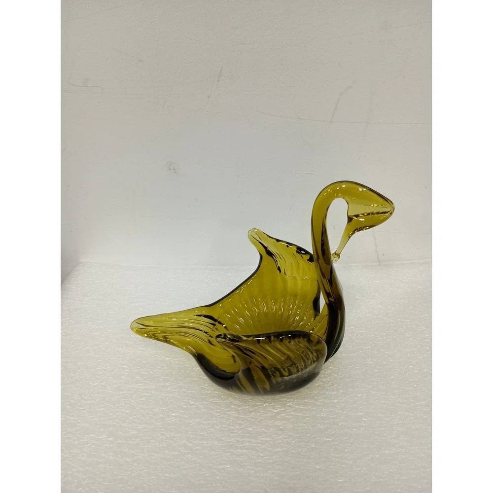 Vintage Olive Green Art Glass Swan Bowl MCM Decor Ribbed Candy Dish